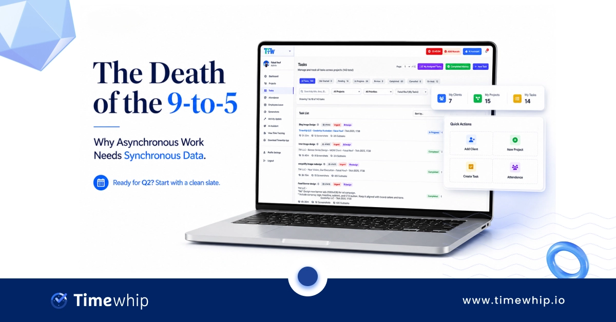 Async remote team dashboard replacing the traditional 9-to-5 workday — TimeWhip